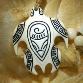 35mm Hand Carved Water Buffalo Bone Polynesian Turtle Tribal Tattoo Necklace 28 "