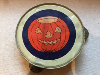 Antique Halloween Pumpkin Tin Tambourine Noisemaker C.  1940s