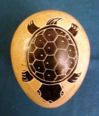African Folk Art Stone Egg Hand Carved With Painted With Turtles