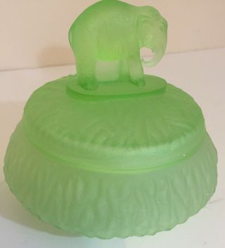 Vintage Greensburg L E Smith Satin Green Powder Box Jar Elephant Lid