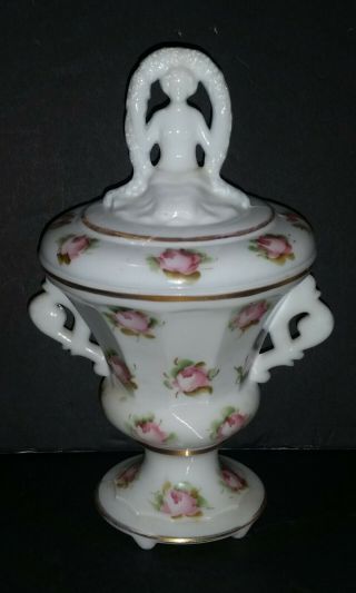 Vintage Le Smith Milk Glass Figural Spring Nymph Powder Jar W/hand Painted Roses