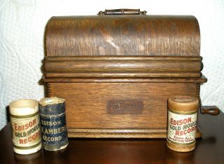Anitque Thomas Edison Cylinder Phonograph & 3 Wax Cylinder Records