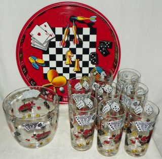 Vtg Set Of 8 Mcm Glass Tumblers W Cards Dice Includes Matching Ice Bucket Tray
