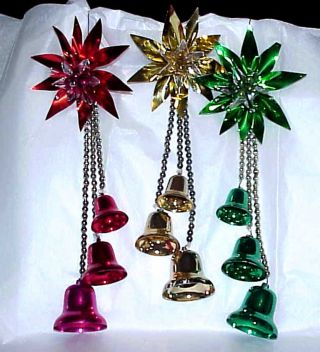 3 Vintage Christmas Mercury Glass Foil Poinsettia Bell Wall Hangers Red Grn Gold