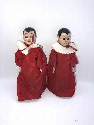 2 Vtg Christmas Choir Boy Celluloid Jointed Doll W Beddy Bye Eyes Red Gown 7 "