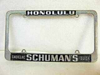 Vintage License Plate Advertising Metal Frame Honolulu Schuman 