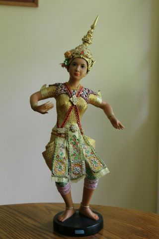 Vintage Thai Siam Asian Dancing Dancer Clothed Doll Gold Crown Doll 18 "