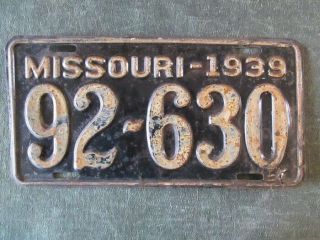 Antique 1939 Missouri License Plate 92 - 630 Yom Tag Street Rod Chevy Ford Dodge