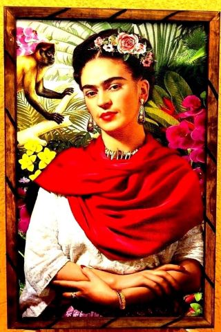Art Print/painting Mexico Wood Framed Portrait Frida Kahlo Monkey 17 " X 13 " Large