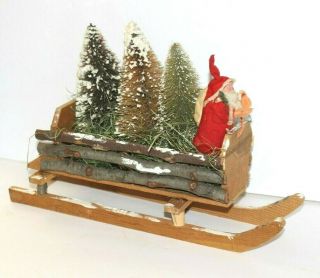 Antique Paper Mache Face Santa On Sled Bottle Brush Trees Christmas Decor
