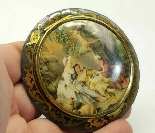 Antique Vintage French Lovers Couple Scene Blue Celluloid Compact Powder Box