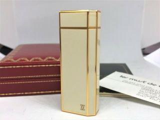 Rare Auth Cartier Lacquer Pentagon 5 - Sided Lighter Ivory / Gold W Case