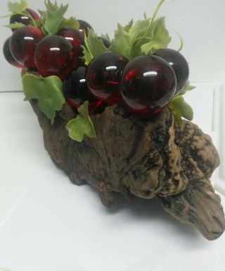 Vintage Mid Century Large Lucite Acrylic Red Grape Cluster with Wood base Decor 6