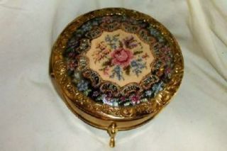 Vintage Ormolu Filigree Jewelry Vanity Casket Petit Point Roses English Brass