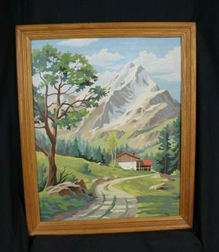 Vtg Paint By Number Picture Art Cabin In Woods Mountains Mcm Nature 22 " Framed