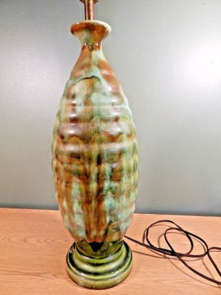 Green And Brown Drip Glaze Mcm Pottery Table Lamp.