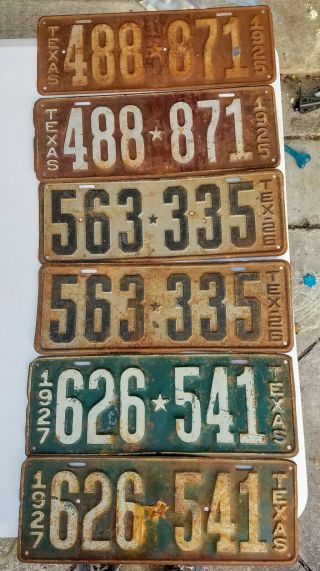 1925,  1926 & 1927 Texas Car License Plates.  Front And Back Plates.  Good Shape.
