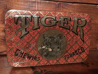 Antique Primitive Tiger Chewing Fine Cut Tobacco Tin Can Hinged Lid Aafa