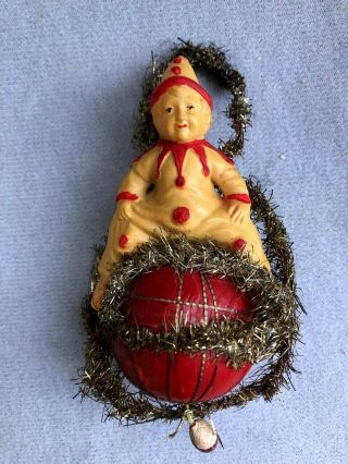 Antique Victorian Celluloid Harlequin Clown Wire Wrapped Xmas Ornament