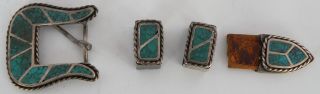 Old Sterling Silver & Turquoise Inlay,  Belt Buckle 4 Piece Ranger Set,  Unusual