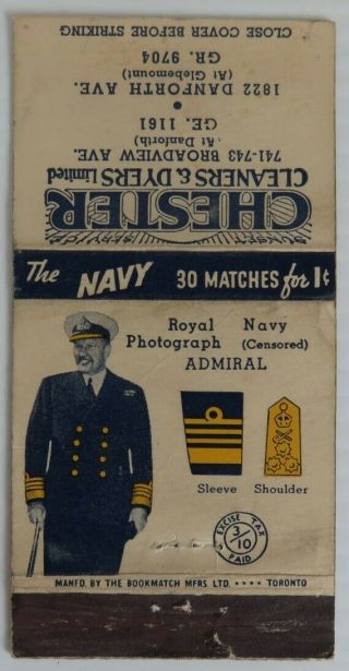 Vintage Wwii Royal Navy Admiral Matchbook Cover (inv24699)