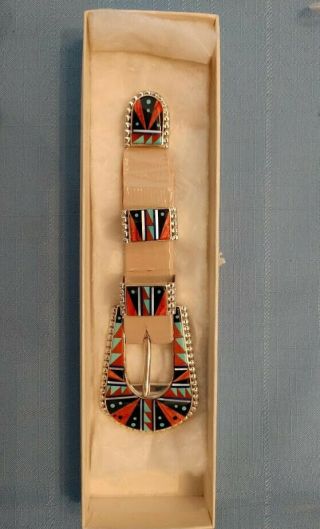 Native American Multi - Stone Inlay Sterling Silver Ranger Belt Buckle Set