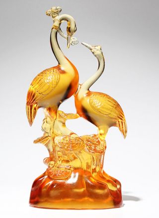 Art Glass Amber Color Cranes With Ruyi Statue Pate - De - Verre Crystal Sculpture