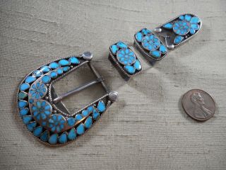 Old Zuni Natural Turquoise Inlay 4 Pc Ranger Buckle Set Possibly By Dishta