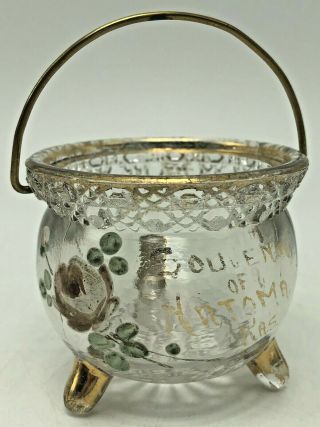 Antique Glass Cauldron Toothpick Holder Souvenir Natoma Kansas Gilded Rose