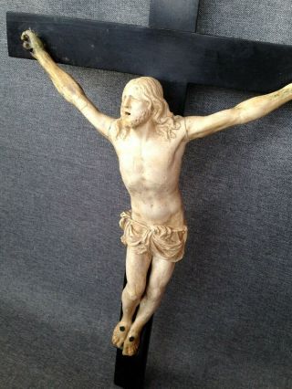 Big Antique French Crucifix Cross Wood And Bone Or Meerschaum 19th Century Jesus