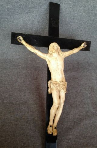 Big antique french crucifix cross wood and bone or meerschaum 19th century jesus 2