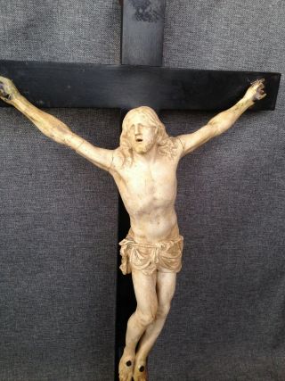 Big antique french crucifix cross wood and bone or meerschaum 19th century jesus 3