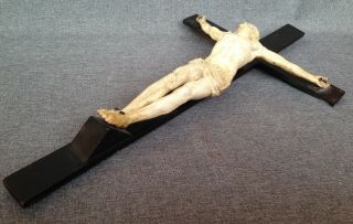 Big antique french crucifix cross wood and bone or meerschaum 19th century jesus 5