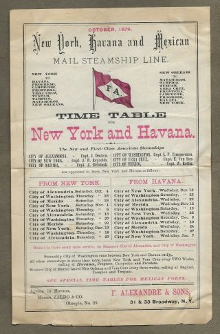 1879 York Havana & Mexican Mail Steamship Line Timetable Broadside