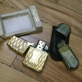 Vintage Gold Plated Zippo Lighter & Marlboro Brass No 6 Lighter W/ Leather Case