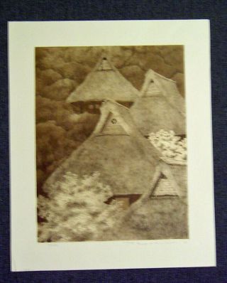 Ryohei Tanaka Japanese Etching And Aquatint Print Village In Mountain No.  4