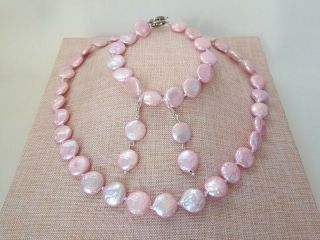 Coin Keshi Nucleared Pearl Necklace 11 - 12mm Light Rose Bracelet Earring Set