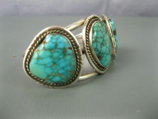 Old Navajo Sterling Spiderweb Turquoise Row Cuff Bracelet Signed Silver Eagle 10