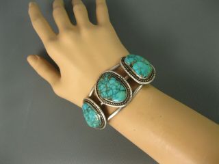 Old Navajo Sterling Spiderweb Turquoise Row Cuff Bracelet Signed Silver Eagle 11