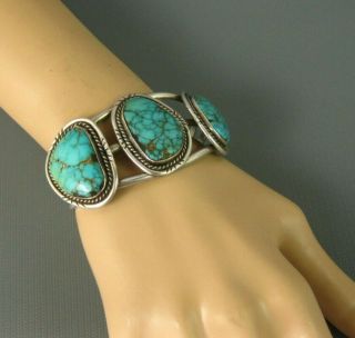 Old Navajo Sterling Spiderweb Turquoise Row Cuff Bracelet Signed Silver Eagle 12