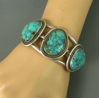 Old Navajo Sterling Spiderweb Turquoise Row Cuff Bracelet Signed Silver Eagle 2
