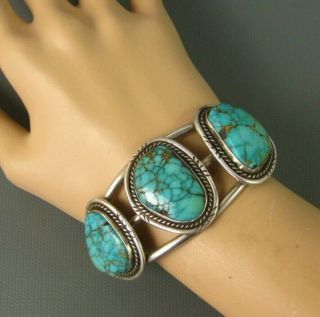Old Navajo Sterling Spiderweb Turquoise Row Cuff Bracelet Signed Silver Eagle 3
