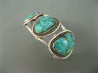 Old Navajo Sterling Spiderweb Turquoise Row Cuff Bracelet Signed Silver Eagle 6