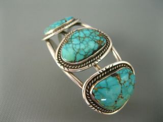 Old Navajo Sterling Spiderweb Turquoise Row Cuff Bracelet Signed Silver Eagle 7
