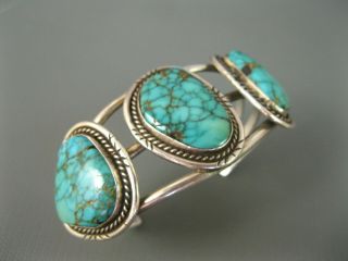 Old Navajo Sterling Spiderweb Turquoise Row Cuff Bracelet Signed Silver Eagle 8