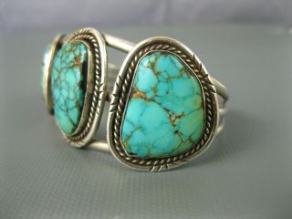 Old Navajo Sterling Spiderweb Turquoise Row Cuff Bracelet Signed Silver Eagle 9
