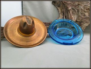 2 True Vintage Western Cowboy Themed Souvenir Ashtrays 1 Copper,  1 Cobalt Glass