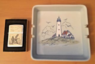 Vintage Zippo Cigarette Lighter With Duck Wildlife And Lighthouse Ashtray