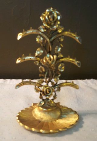 " Matson " Ornate Brass Earring Stand (k523) Rose Top (pierced / Holds 6 Pair) Usa