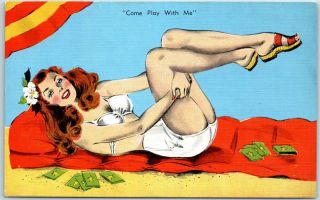 Vintage Pin - Up Girl Postcard " Come Play With Me " Beach Cards Kropp Linen C1940s